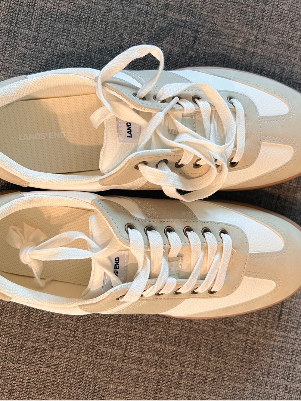 Lands' End White and Beige Low-Profile Lace-Up Sneakers